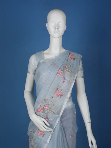 Light Blue Floral Embroidered Kota Cotton Saree - Diadem