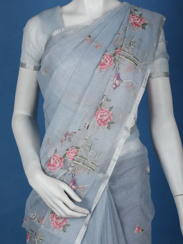 Light Blue Floral Embroidered Kota Cotton Saree - Diadem