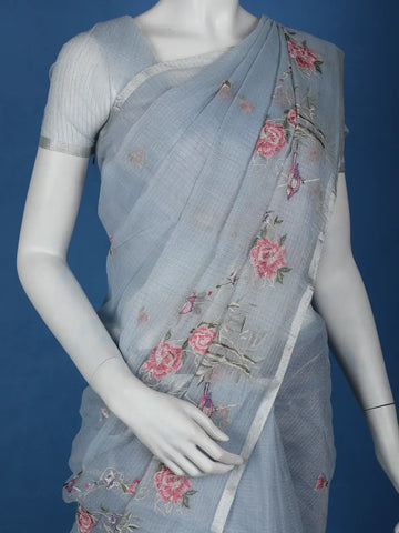 Light Blue Floral Embroidered Kota Cotton Saree - Diadem