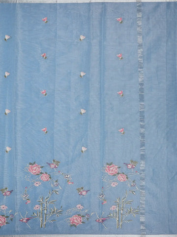 Light Blue Floral Embroidered Kota Cotton Saree - Diadem