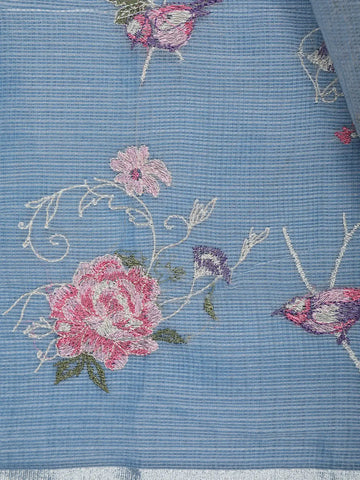 Light Blue Floral Embroidered Kota Cotton Saree - Diadem