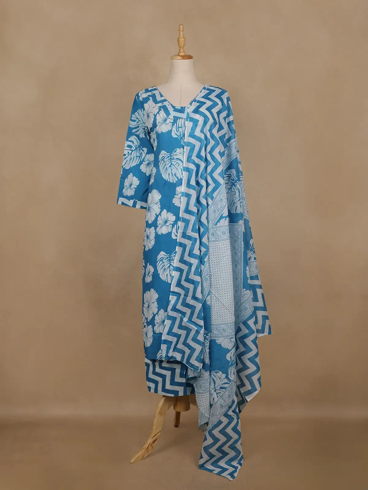 Light Blue Floral Printed Cotton Salwar Suit With Dupatta - Diadem