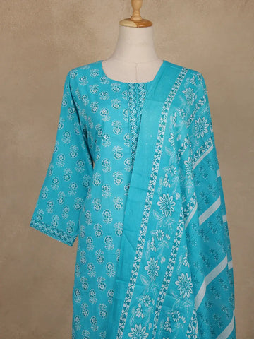 Light Blue Floral Printed Cotton Salwar Suit With Dupatta - Diadem