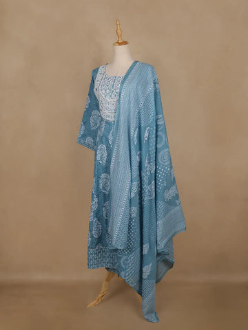 Light Blue Floral Printed Cotton Salwar Suit With Dupatta - Diadem