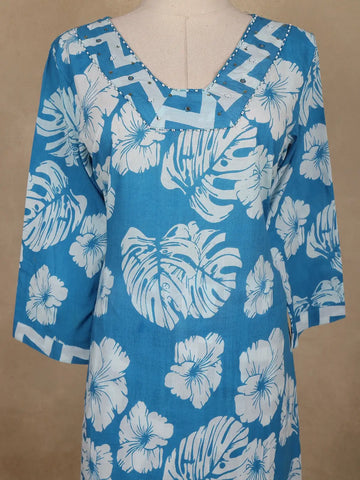 Light Blue Floral Printed Cotton Salwar Suit With Dupatta - Diadem