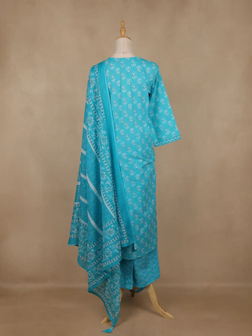 Light Blue Floral Printed Cotton Salwar Suit With Dupatta - Diadem