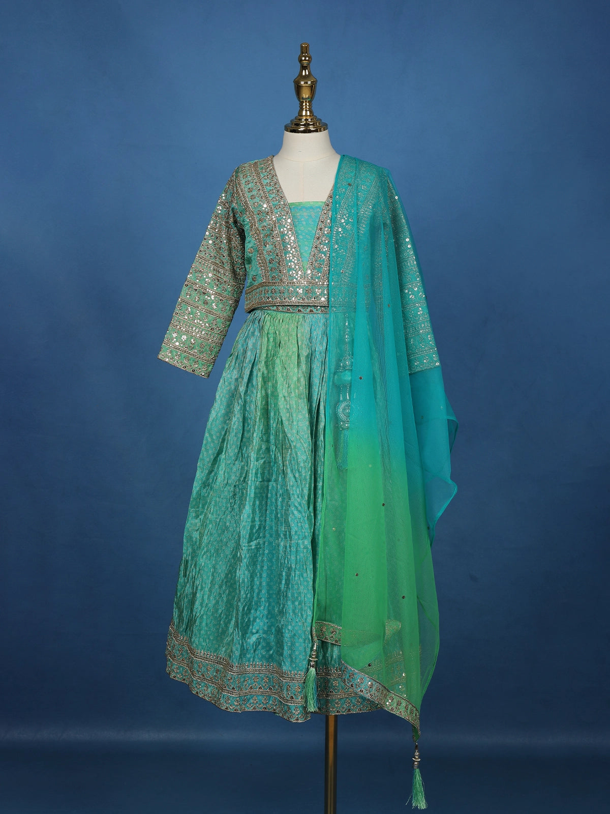 Light Blue Floral Sequins Embroidered Silk Kids Lehenga With Dupatta