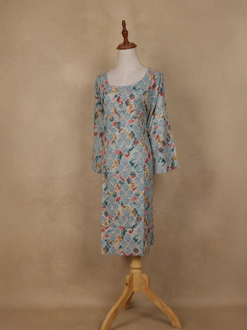 Light Blue Geometric Floral Printed Rayon Kurti - Diadem