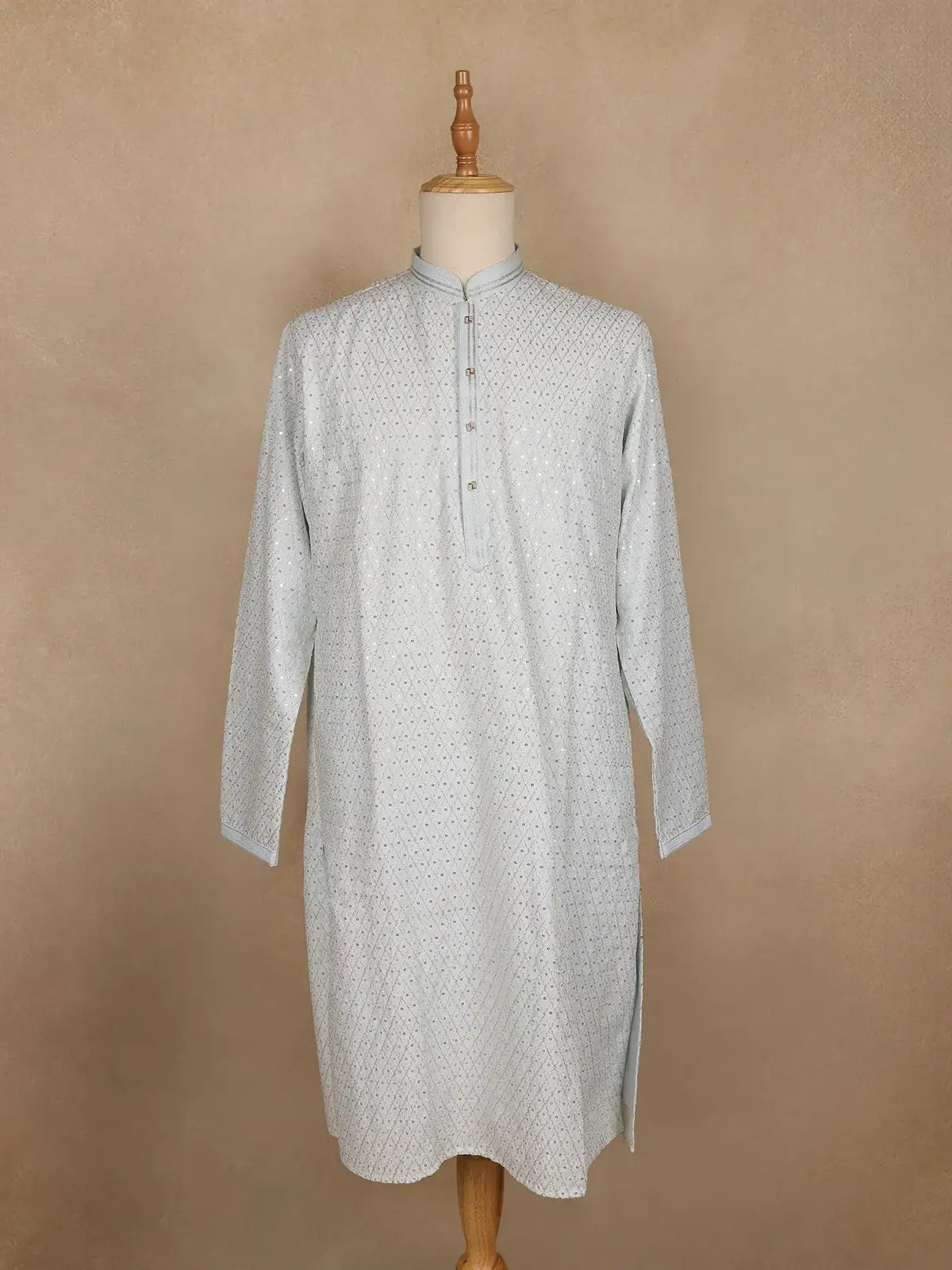 Light Blue Geometric Sequin Embroidered Cotton Kurta For Men - Diadem