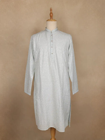 Light Blue Geometric Sequin Embroidered Cotton Kurta For Men - Diadem
