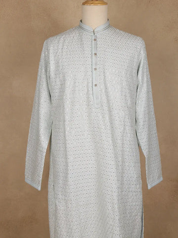 Light Blue Geometric Sequin Embroidered Cotton Kurta For Men - Diadem