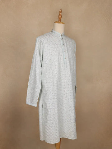 Light Blue Geometric Sequin Embroidered Cotton Kurta For Men - Diadem