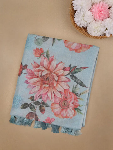Light Blue Green Floral Printed Fancy Cotton Saree - Diadem