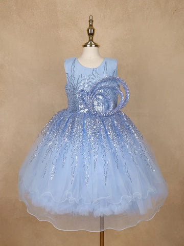 Light Blue Sequin Embellished Party Wear Net Frock - Diadem