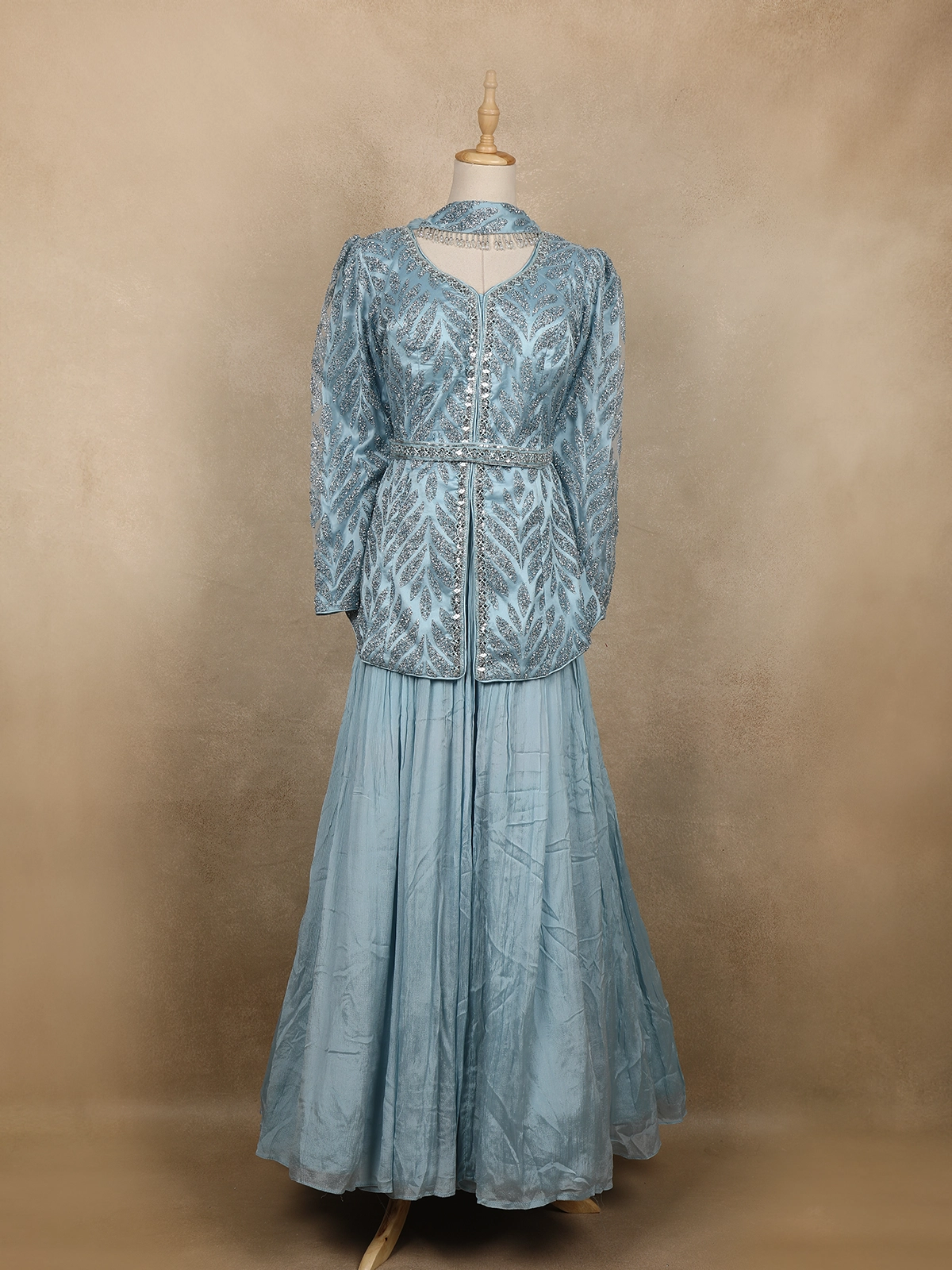 Light Blue Sequins Embroidered Satin And Net Lehenga