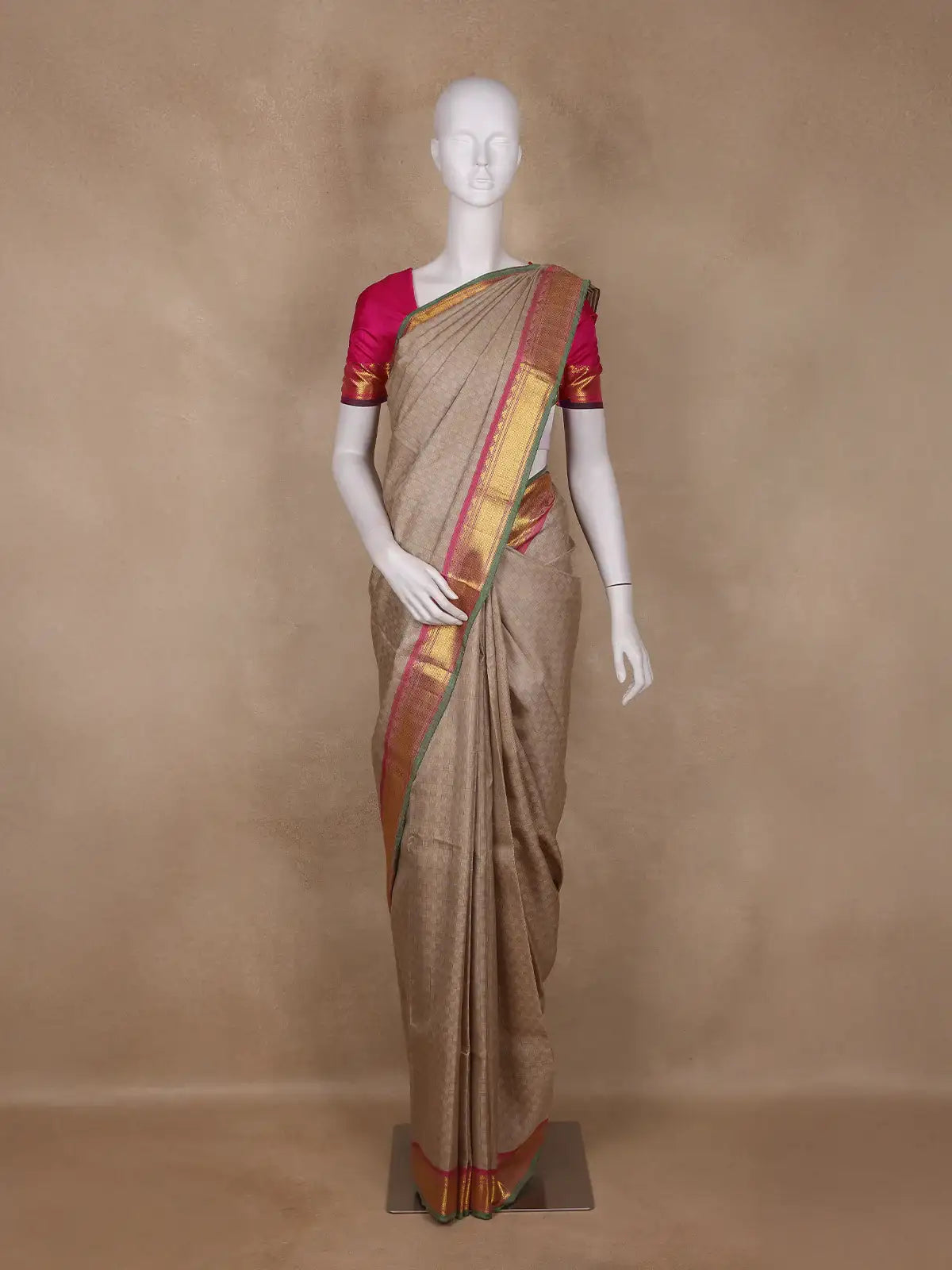 Light Brown Checked Woven Pure kanchipuram Silk Saree With Contrast Pink Blouse - Diadem