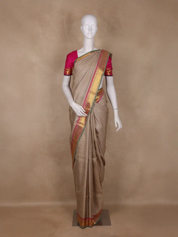 Light Brown Checked Woven Pure kanchipuram Silk Saree With Contrast Pink Blouse - Diadem