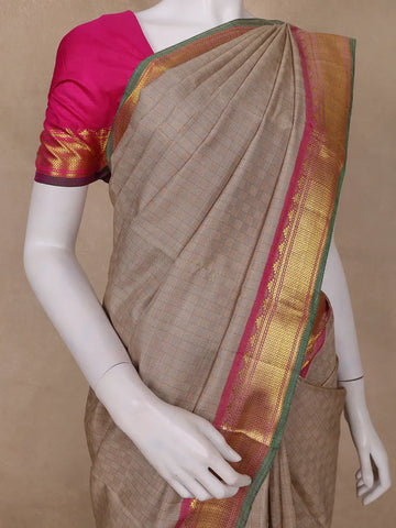 Light Brown Checked Woven Pure kanchipuram Silk Saree With Contrast Pink Blouse - Diadem