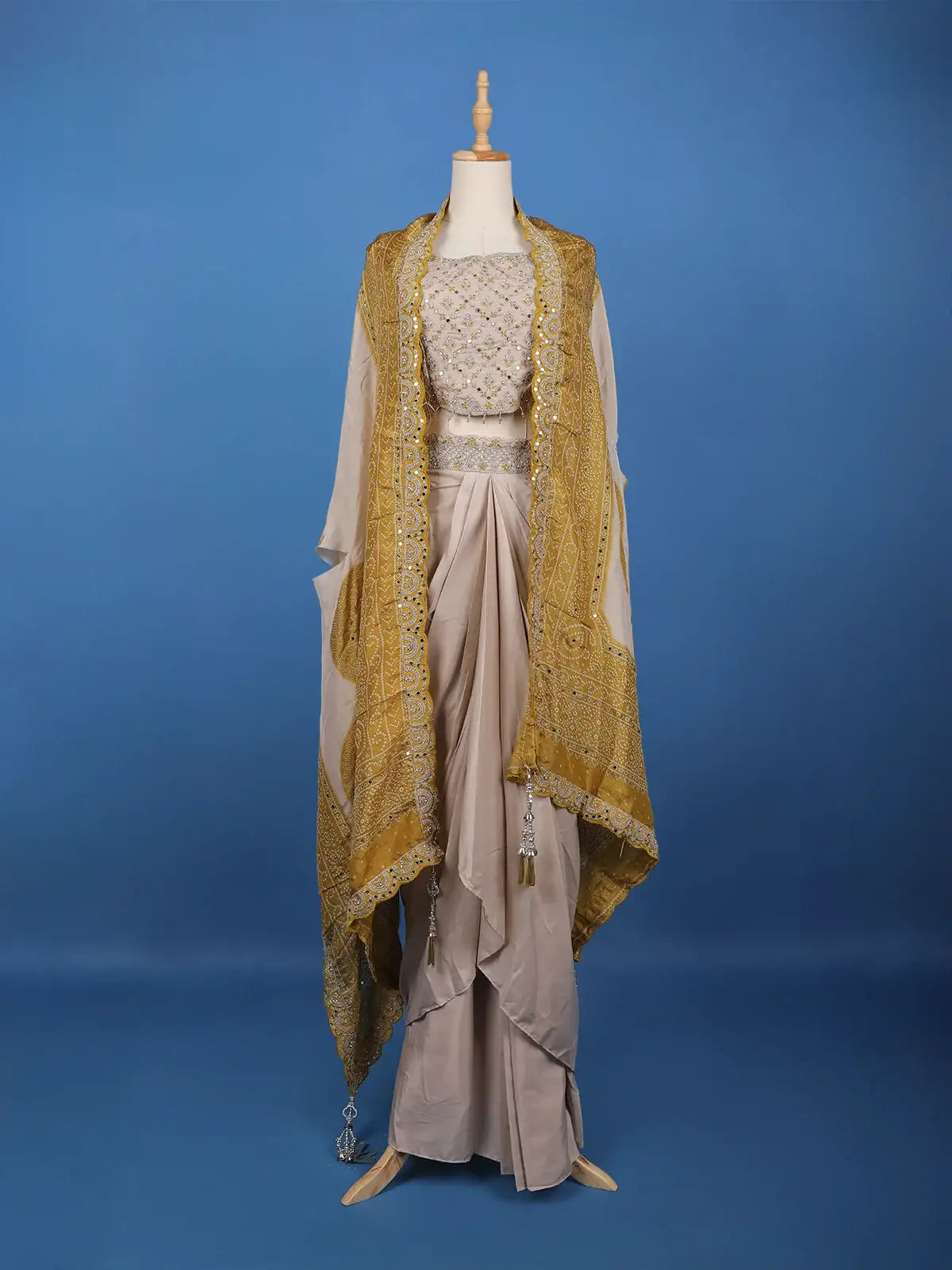 Light Brown Floral Embroidered Cape Style Draped Synthetic Skirt Top - Diadem