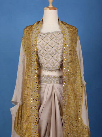 Light Brown Floral Embroidered Cape Style Draped Synthetic Skirt Top - Diadem