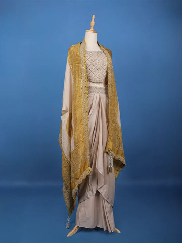 Light Brown Floral Embroidered Cape Style Draped Synthetic Skirt Top - Diadem