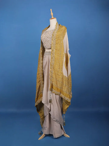 Light Brown Floral Embroidered Cape Style Draped Synthetic Skirt Top - Diadem