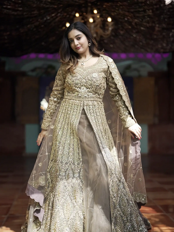 Light Brown Floral Embroidery Net Lehenga - Diadem