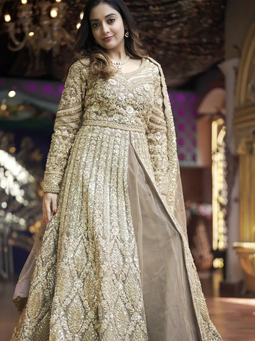 Light Brown Floral Embroidery Net Lehenga - Diadem
