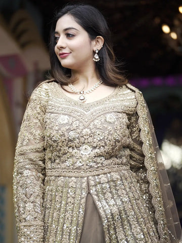 Light Brown Floral Embroidery Net Lehenga - Diadem