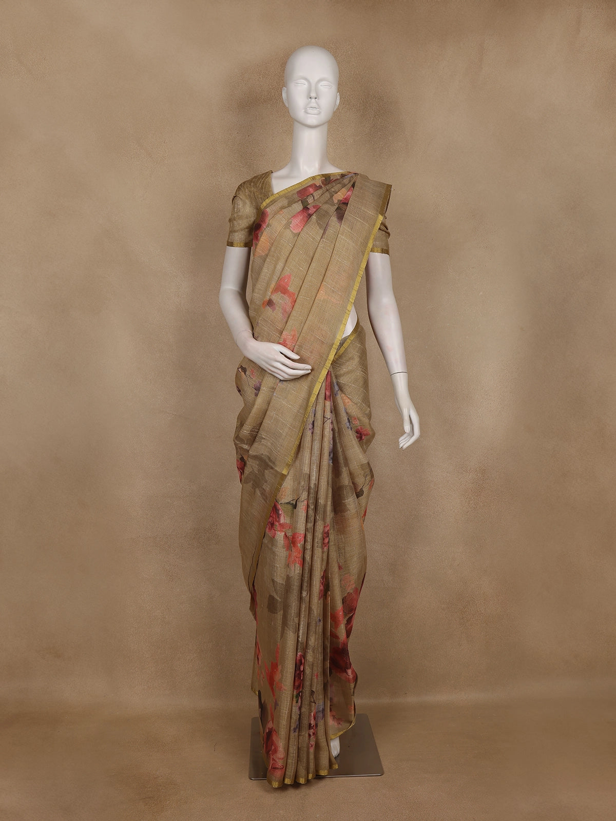Light Brown Floral Printed Cotton Saree with Subtle Golden Zari Border