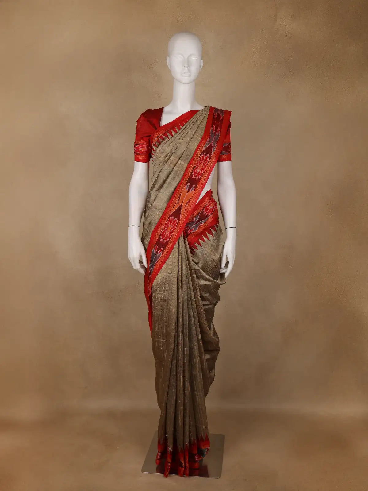 Light Brown Solid Design Tussar Silk Saree With Red Contrast Border - Diadem