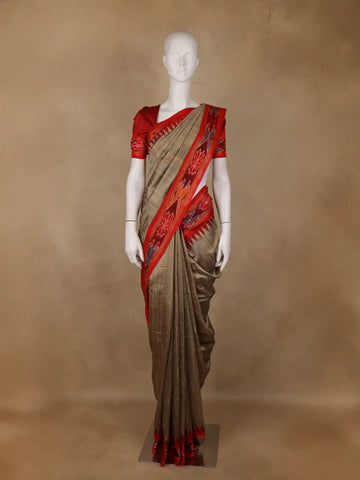 Light Brown Solid Design Tussar Silk Saree With Red Contrast Border - Diadem
