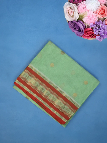 Light Green Buttas Design Cotton Saree With Contrast Border - Diadem