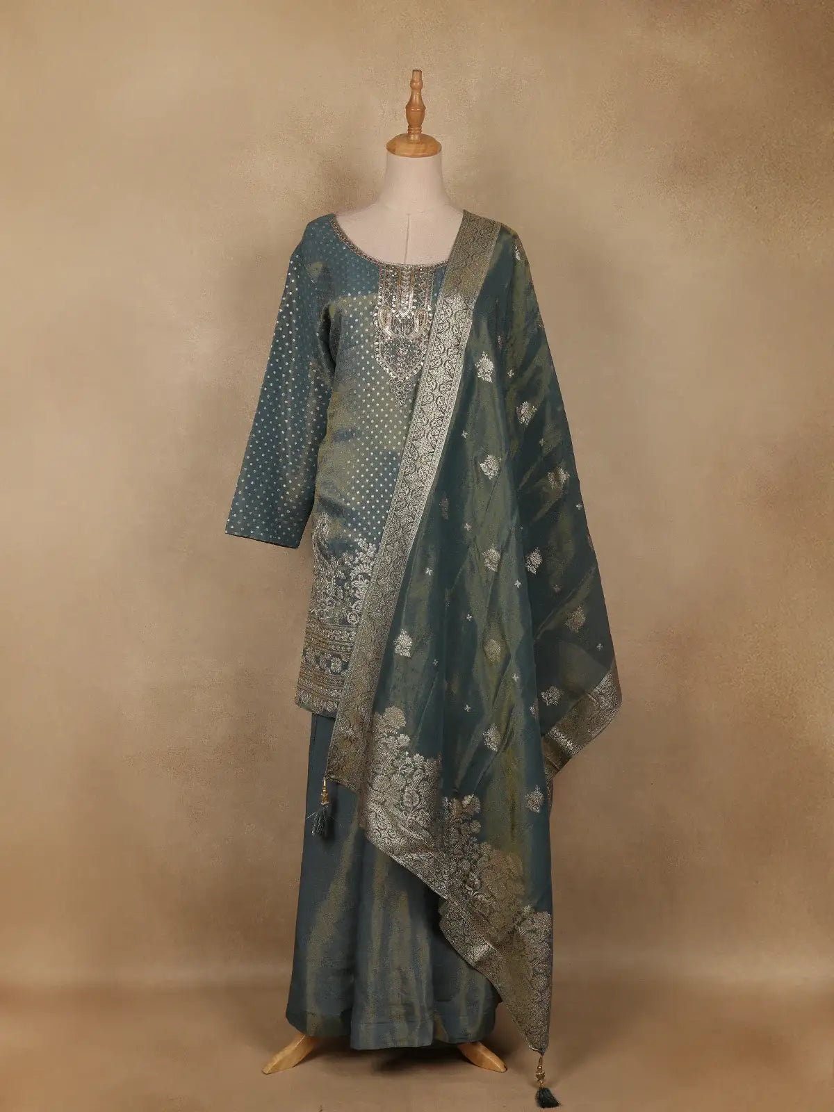 Light Green Dots Designed Banarasi Silk Palazzo Salwar Suit - Diadem
