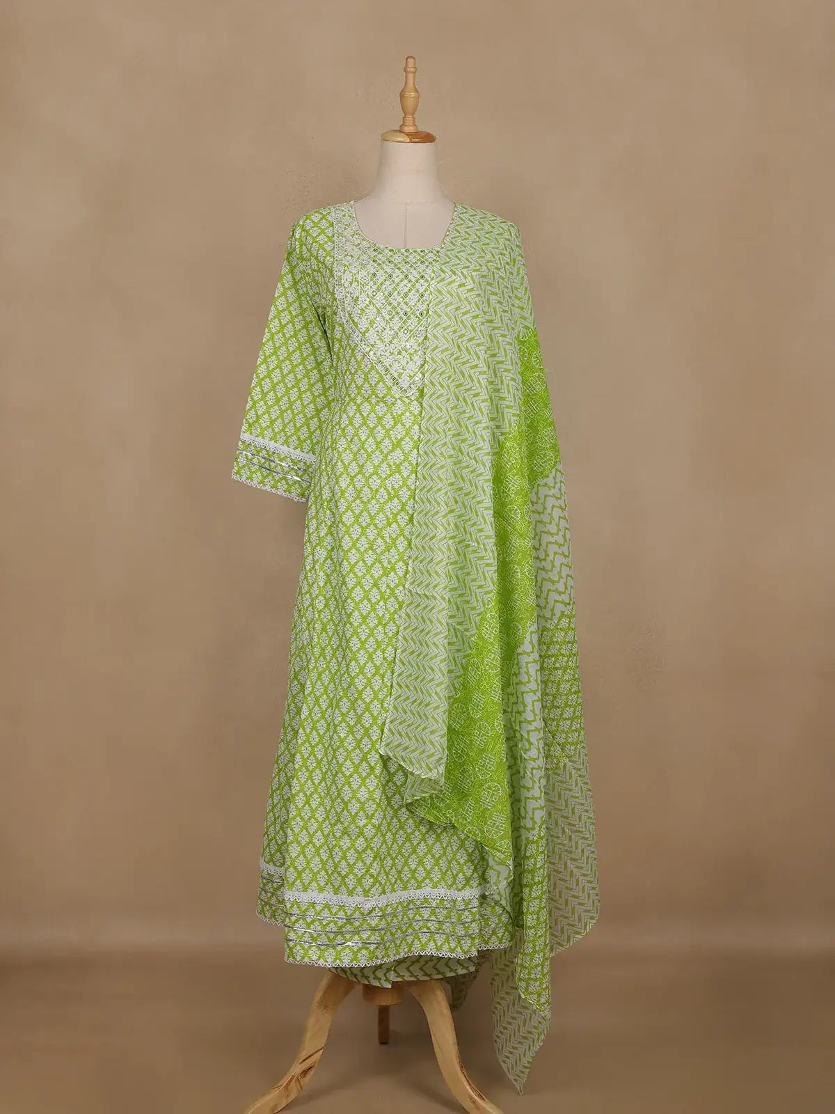 Light Green Floral Design Cotton Salwar Suit With Dupatta - Diadem