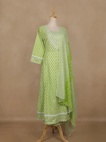 Light Green Floral Design Cotton Salwar Suit With Dupatta - Diadem