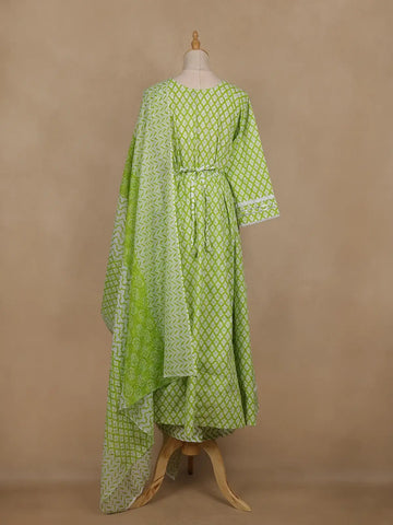 Light Green Floral Design Cotton Salwar Suit With Dupatta - Diadem