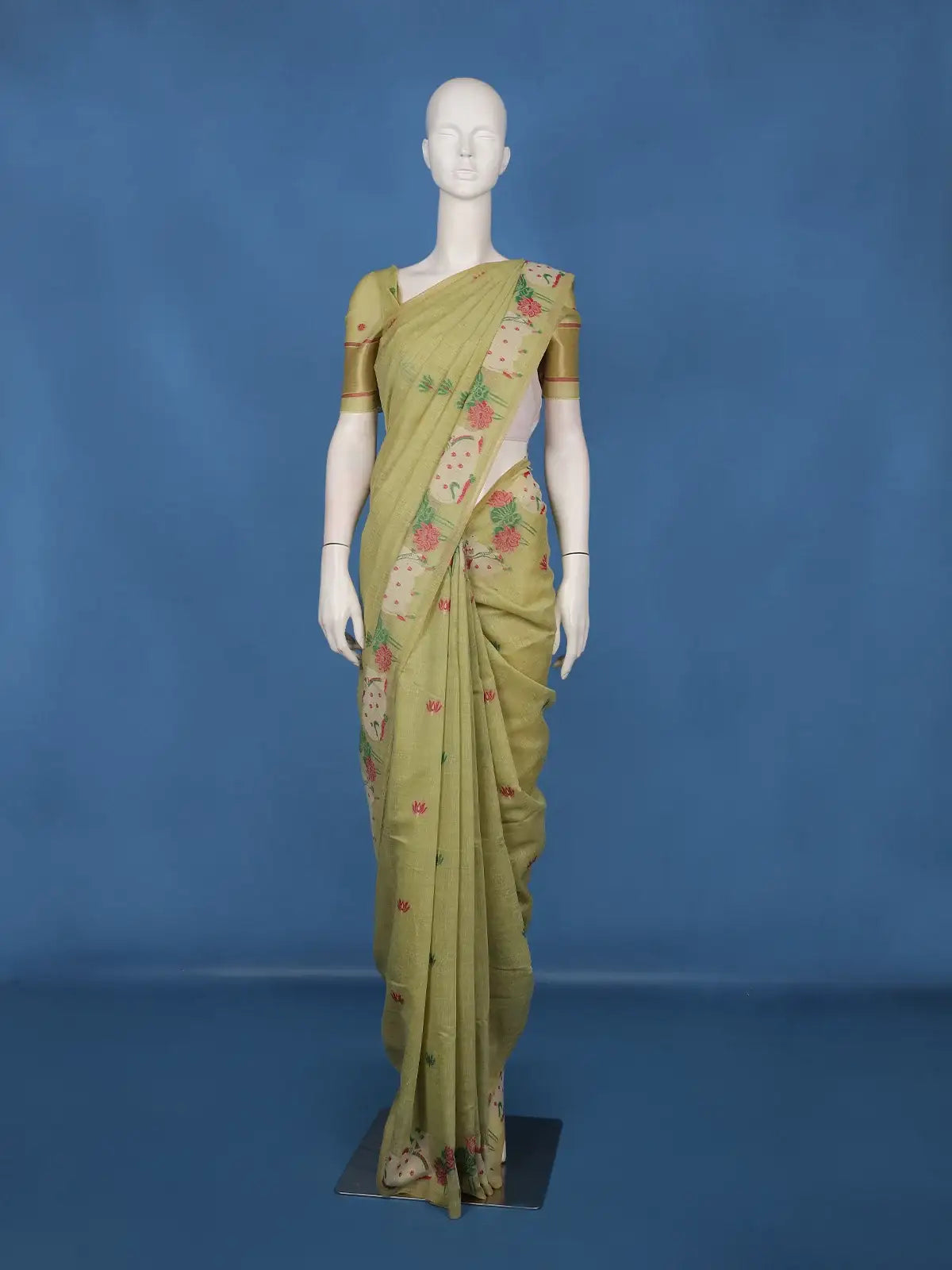 Light Green Floral Embroidered Design Pure Cotton Saree
