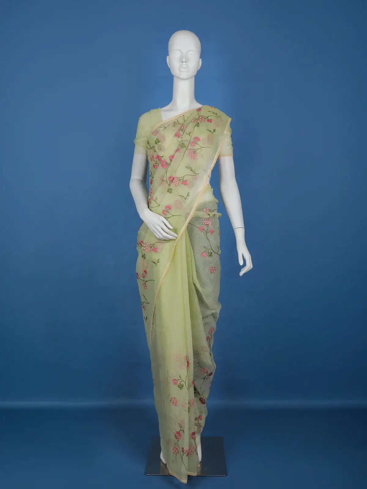 Light Green Floral Embroidered Kota Cotton Saree - Diadem