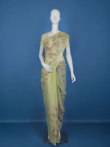 Light Green Floral Embroidered Kota Cotton Saree - Diadem
