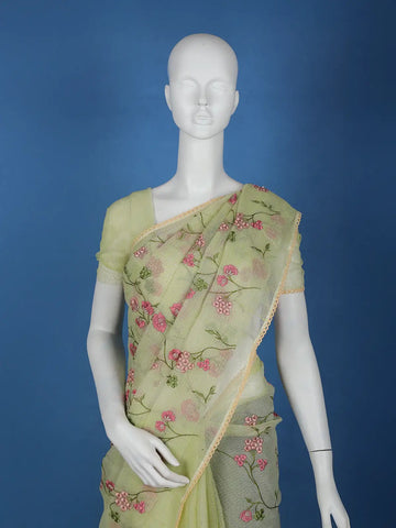 Light Green Floral Embroidered Kota Cotton Saree - Diadem