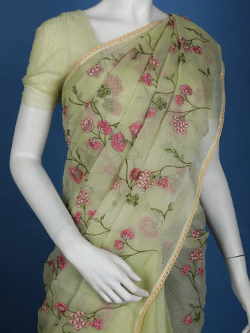 Light Green Floral Embroidered Kota Cotton Saree - Diadem