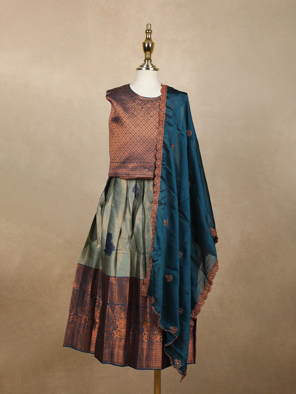 Light Green Floral Embroidered Raw Silk Pattu Pavadai