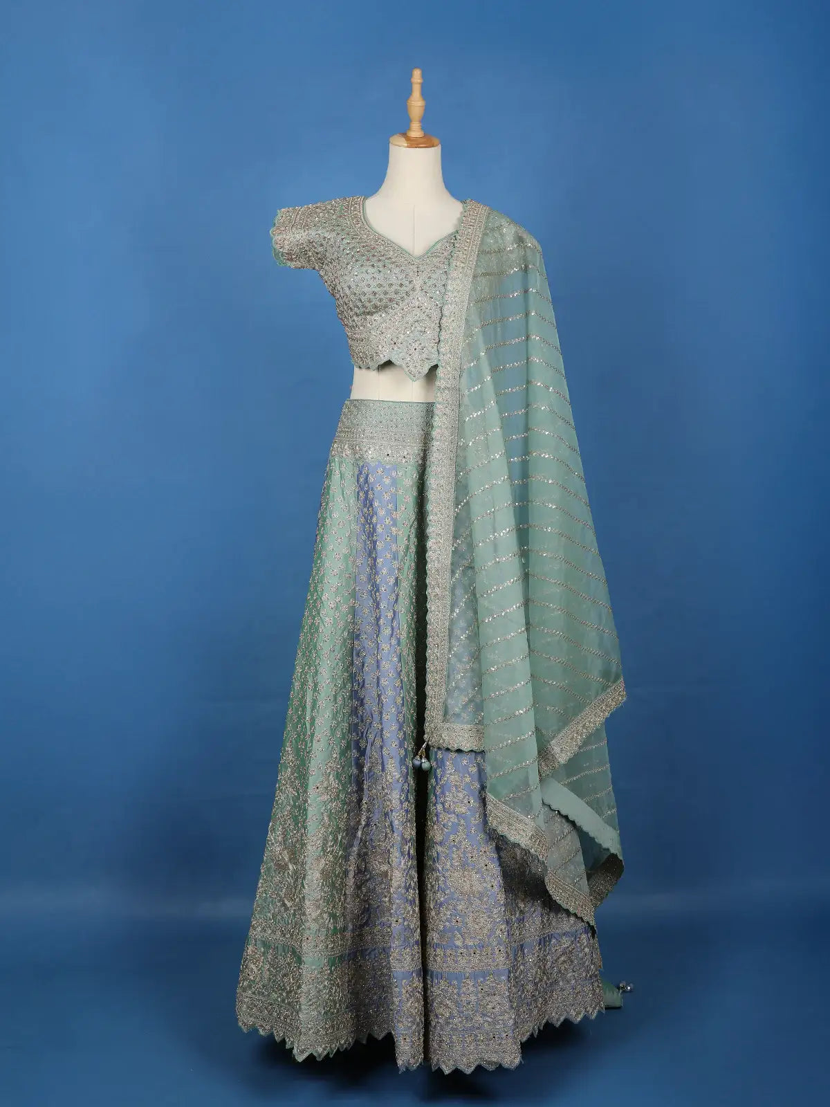 Light Green Floral Embroidered Silk Lehenga for Brides - Diadem
