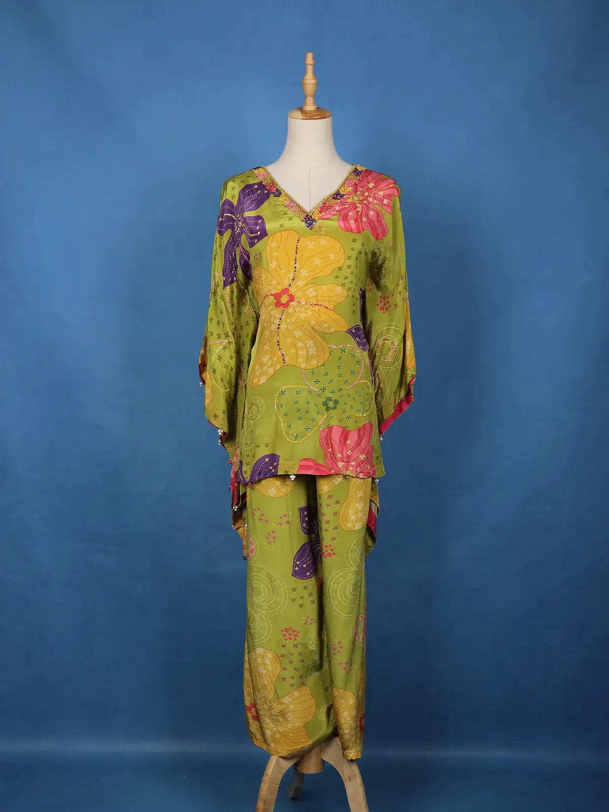 Light Green Floral Printed Synthetic Kaftan Palazzo Suit - Diadem
