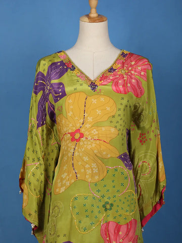 Light Green Floral Printed Synthetic Kaftan Palazzo Suit - Diadem