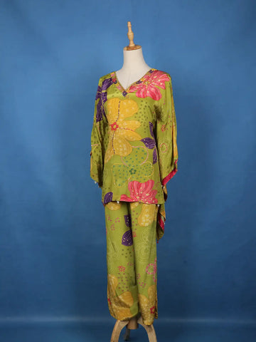 Light Green Floral Printed Synthetic Kaftan Palazzo Suit - Diadem