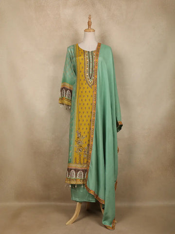 Light Green Floral Printed Synthetic Salwar Suit - Diadem