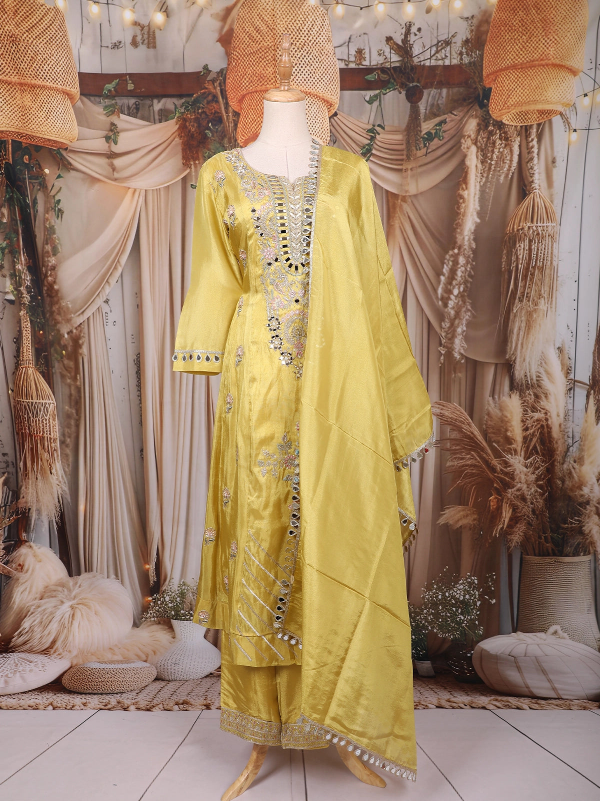 Light Green Mirror and Thread Embroidered Design Tissue Silk Palazzo Suit with Dupatta