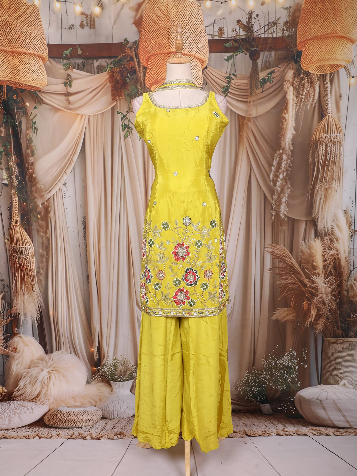 Light Green Floral Embroidered Design Tissue Silk Palazzo Suit with Dupatta